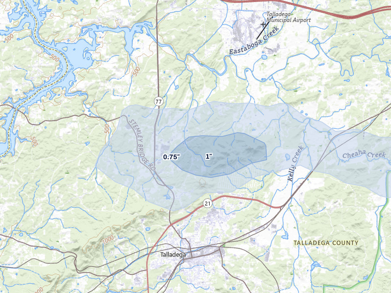NEXRAD radar-signature map of the hail storm over Talladega, AL on Aug 1, 2026