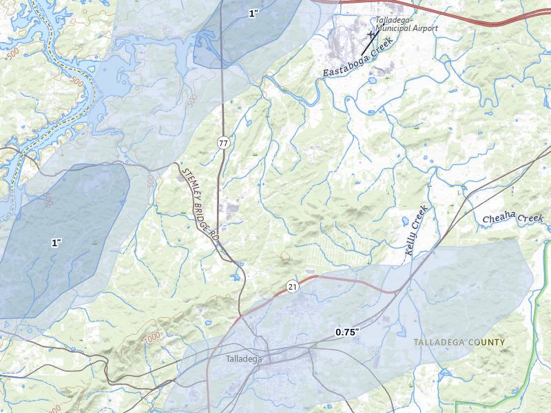 NEXRAD radar-signature map of the hail storm over Talladega, AL on Aug 7, 2026