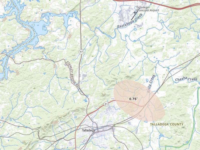 Radar-estimated hail-size map of the storm over Talladega, AL on Aug 12, 2026