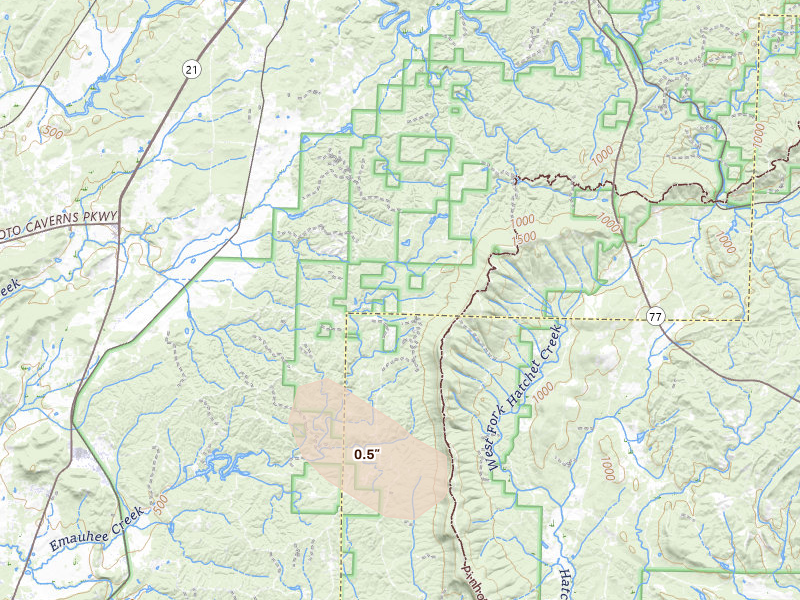 Radar-estimated hail-size map of the storm over Talladega, AL on Aug 21, 2026