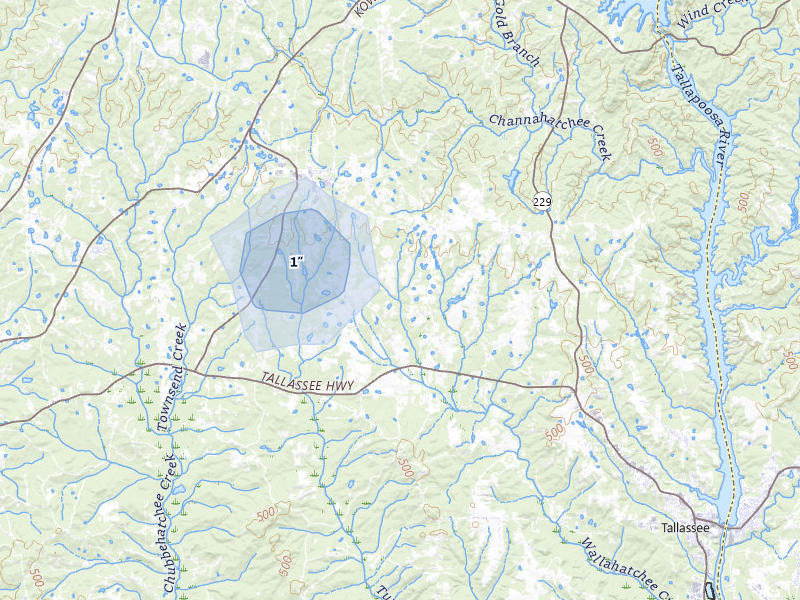 NEXRAD radar-signature map of the hail storm over Tallassee, AL on Apr 28, 2026