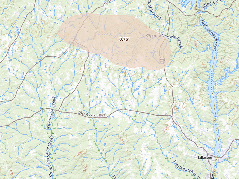 Radar-estimated hail-size map of the storm over Tallassee, AL on Jul 1, 2026