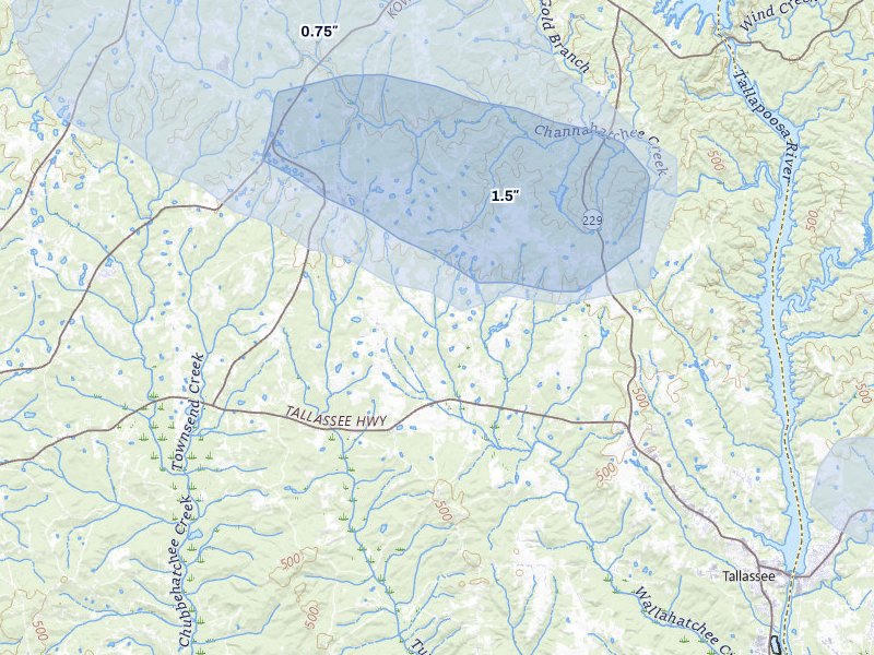 NEXRAD radar-signature map of the hail storm over Tallassee, AL on Jul 1, 2026