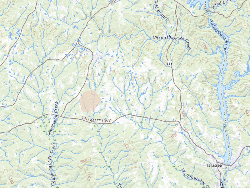 Radar-estimated hail-size map of the storm over Tallassee, AL on Jul 5, 2026