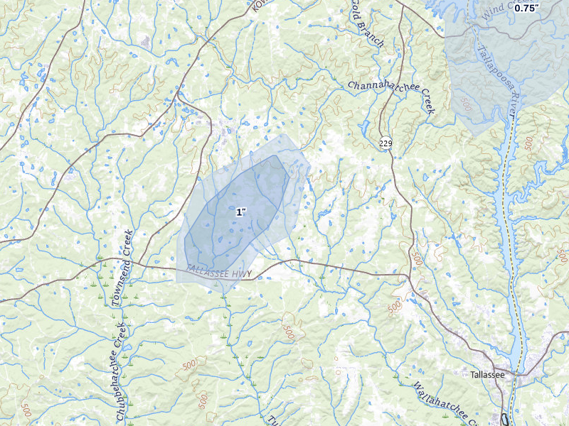 NEXRAD radar-signature map of the hail storm over Tallassee, AL on Jul 5, 2026