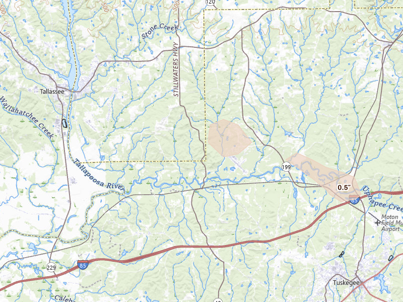 Radar-estimated hail-size map of the storm over Tallassee, AL on Aug 12, 2026