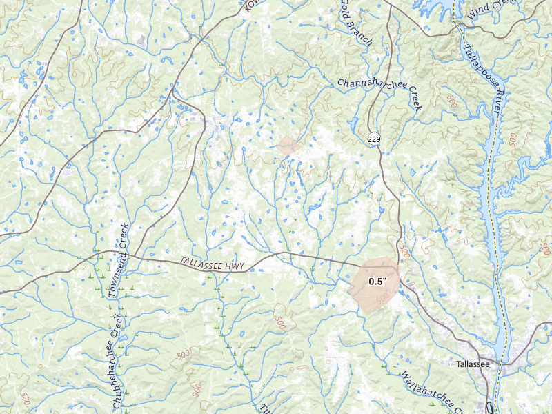 Radar-estimated hail-size map of the storm over Tallassee, AL on Aug 15, 2026