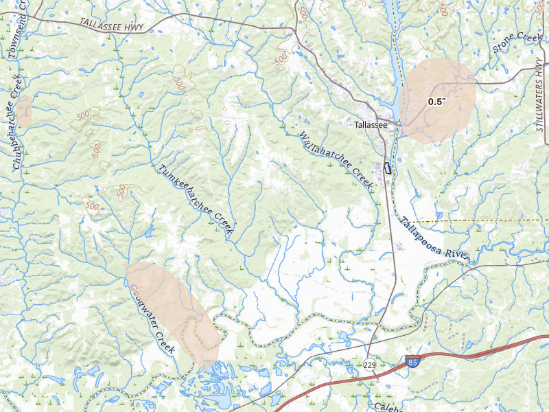 Radar-estimated hail-size map of the storm over Tallassee, AL