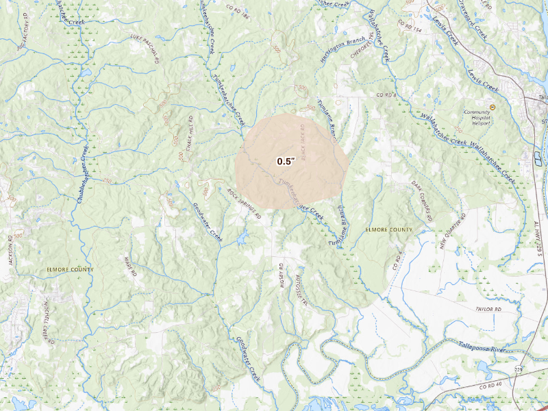 Radar-estimated hail-size map of the storm over Tallassee, AL on Sep 19, 2026