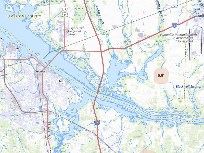 Radar-estimated hail-size map of the storm over Tanner, AL on Apr 27, 2026