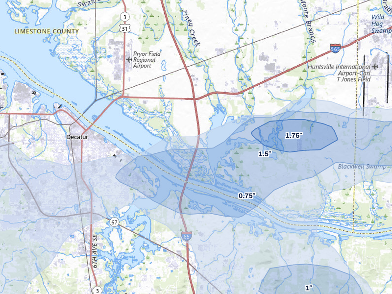 NEXRAD radar-signature map of the hail over Tanner, AL