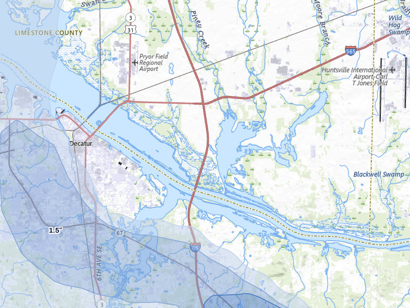 NEXRAD radar-signature map of the hail over Tanner, AL