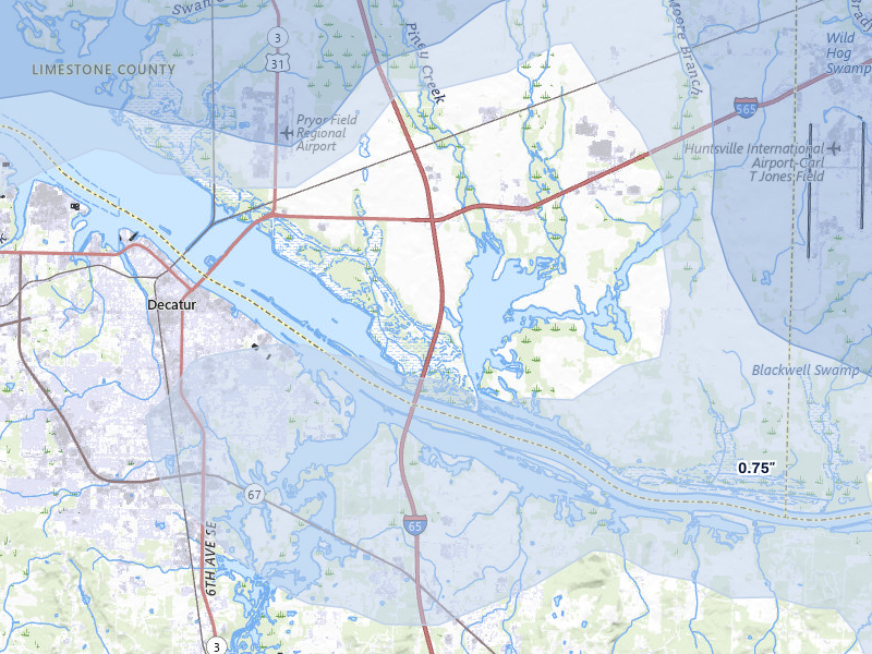 NEXRAD radar-signature map of the hail over Tanner, AL