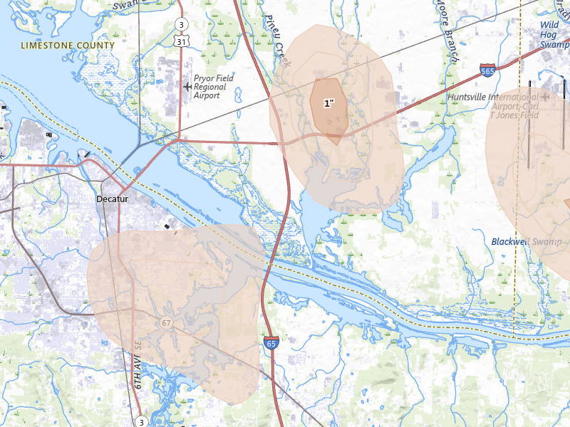 Radar-estimated hail-size map of the storm over Tanner, AL on Jul 3, 2026