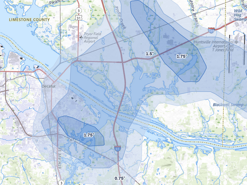 NEXRAD radar-signature map of the hail storm over Tanner, AL on Jul 3, 2026