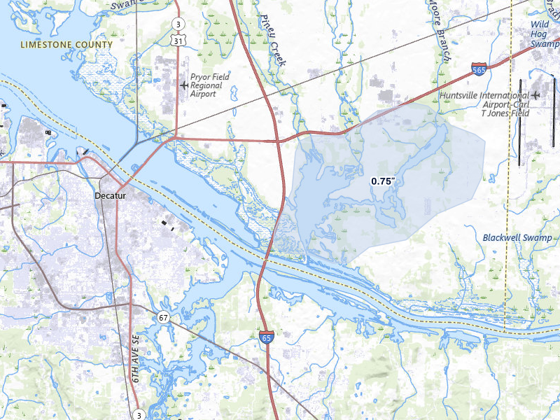 NEXRAD radar-signature map of the hail over Tanner, AL