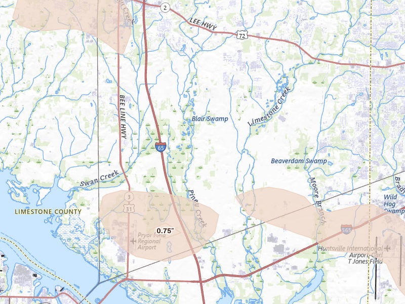 Radar-estimated hail-size map of the storm over Tanner, AL on Aug 17, 2026
