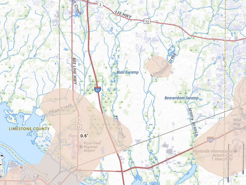 Radar-estimated hail-size map of the storm over Tanner, AL on Aug 20, 2026