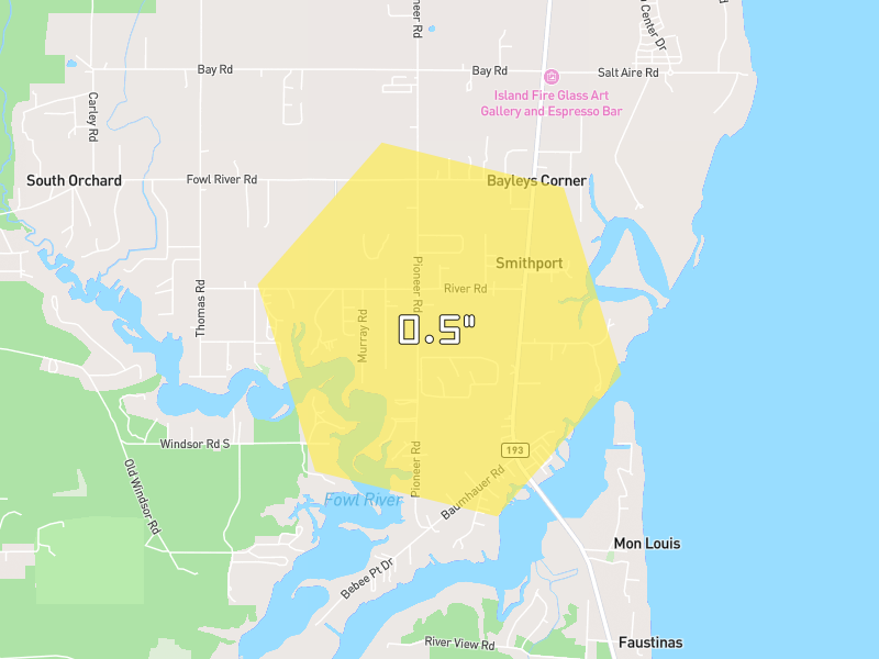 Hail map of Theodore, AL on Jul 1, 2026, hail up to 0.5"