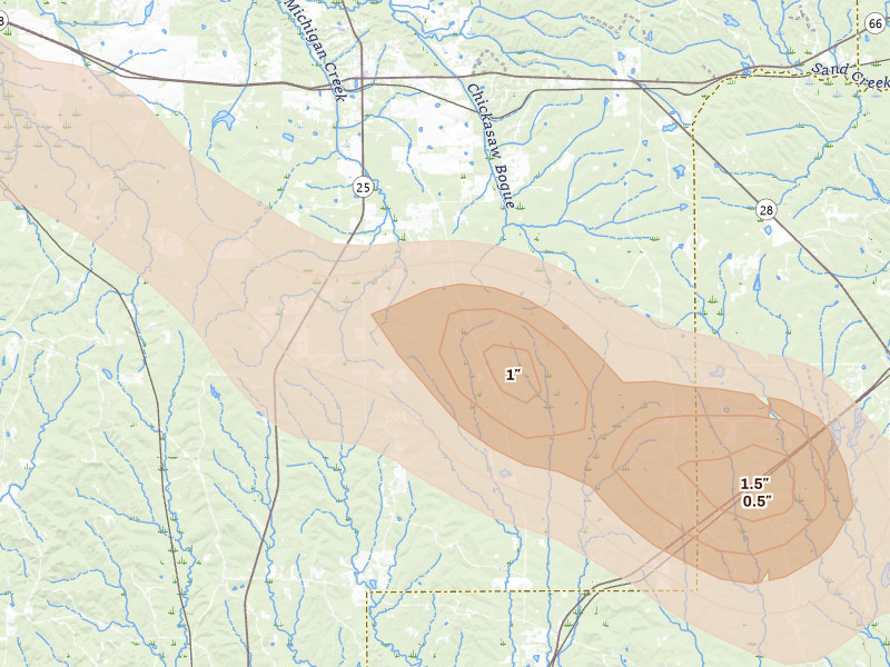 Radar-estimated hail-size map of the storm over Thomaston, AL on Aug 21, 2026