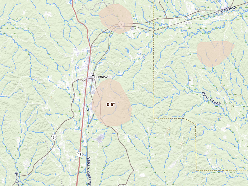 Radar-estimated hail-size map of the storm over Thomasville, AL on Jun 1, 2026