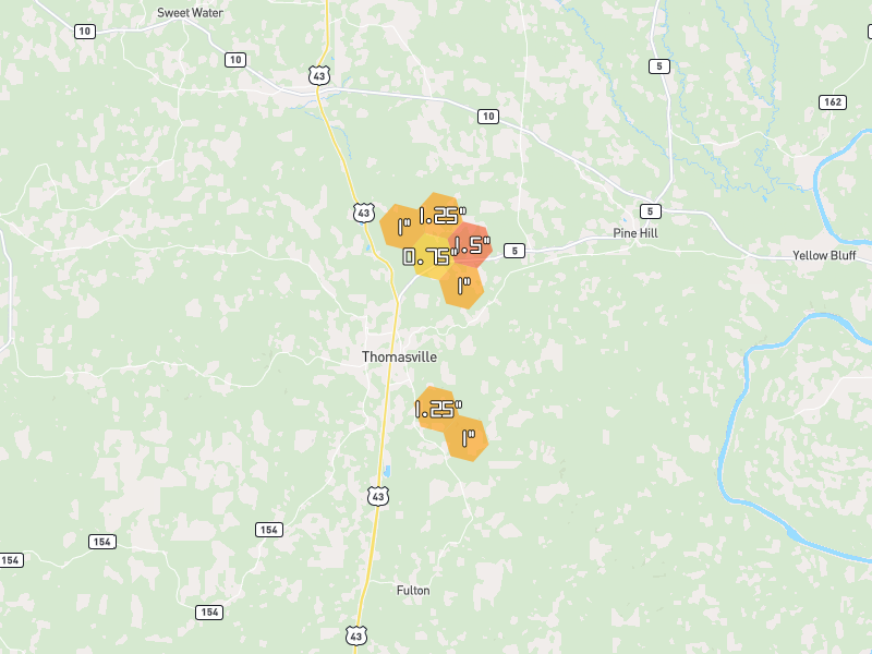 Hail map of Thomasville, AL on Jun 1, 2026, hail up to 1.5"