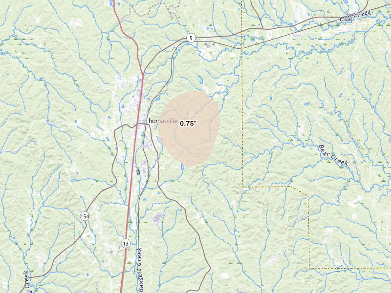 Radar-estimated hail-size map of the storm over Thomasville, AL on Jul 5, 2026