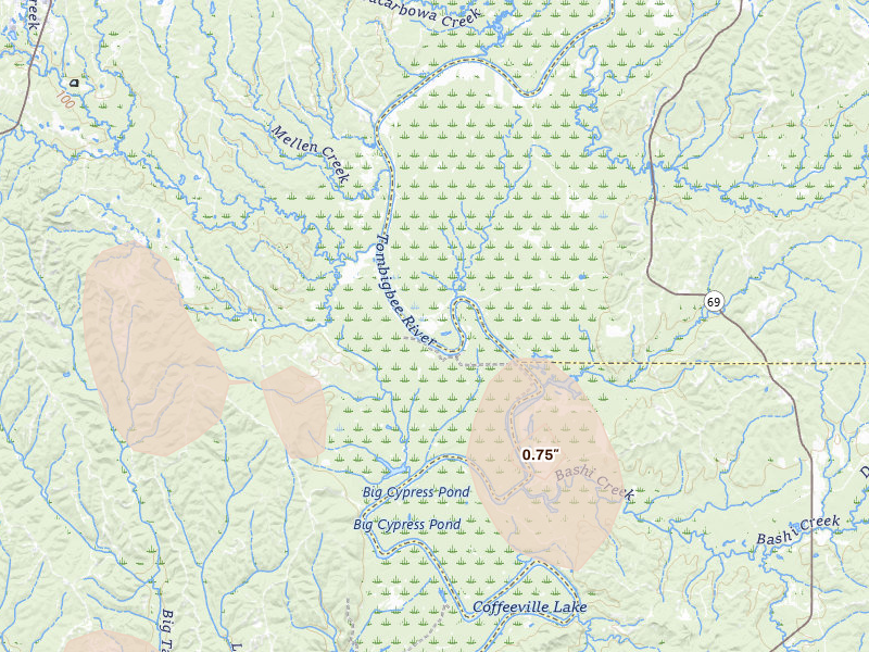 Radar-estimated hail-size map of the storm over Thomasville, AL on Jul 29, 2026