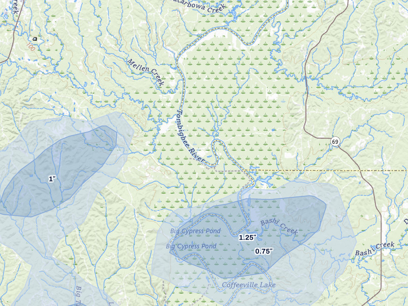 NEXRAD radar-signature map of the hail storm over Thomasville, AL on Jul 29, 2026