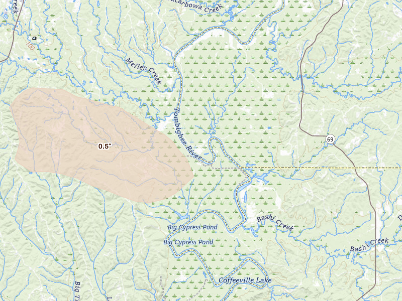 Radar-estimated hail-size map of the storm over Thomasville, AL on Jul 30, 2026