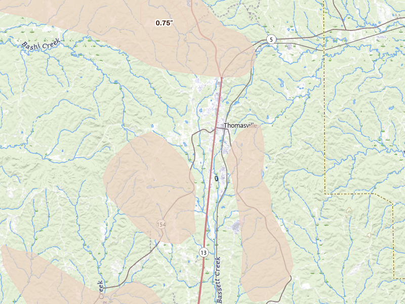 Radar-estimated hail-size map of the storm over Thomasville, AL on Aug 21, 2026