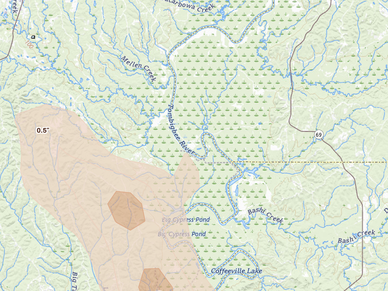 Radar-estimated hail-size map of the storm over Thomasville, AL on Aug 24, 2026