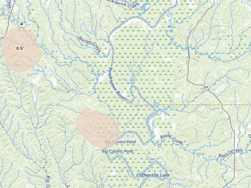 Radar-estimated hail-size map of the storm over Thomasville, AL on Aug 26, 2026