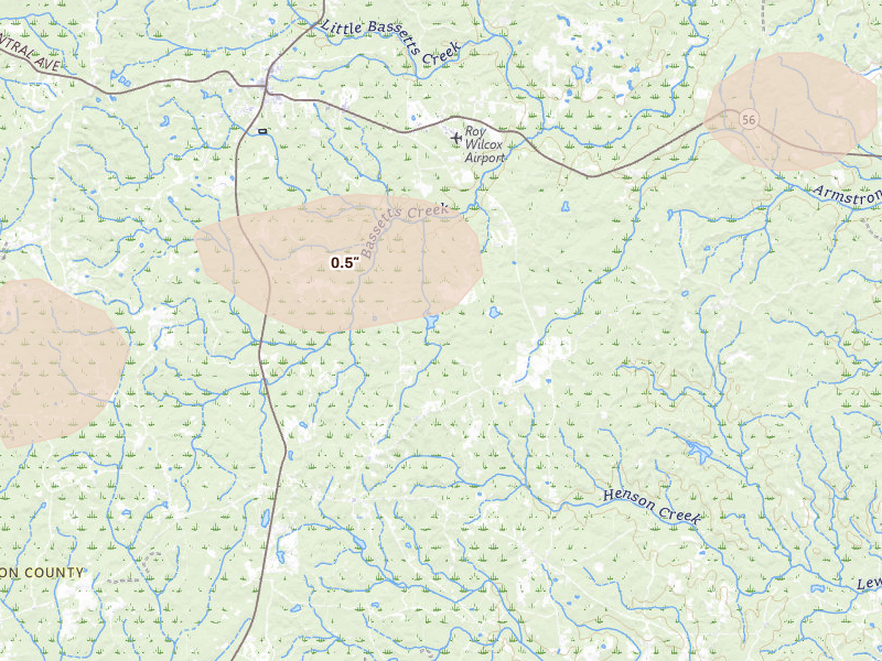 Radar-estimated hail-size map of the storm over Tibbie, AL on Jun 19, 2026