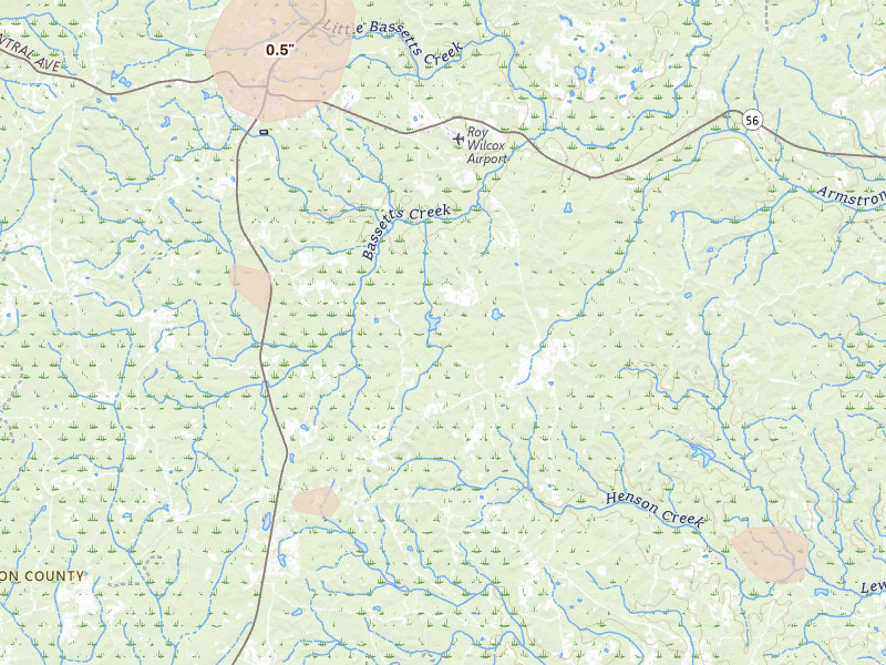 Radar-estimated hail-size map of the storm over Tibbie, AL on Aug 19, 2026
