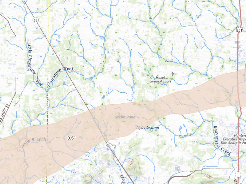 Radar-estimated hail-size map of the storm over Toney, AL on Feb 26, 2026