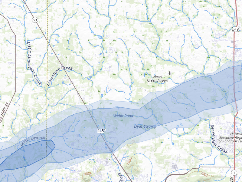 NEXRAD radar-signature map of the hail over Toney, AL