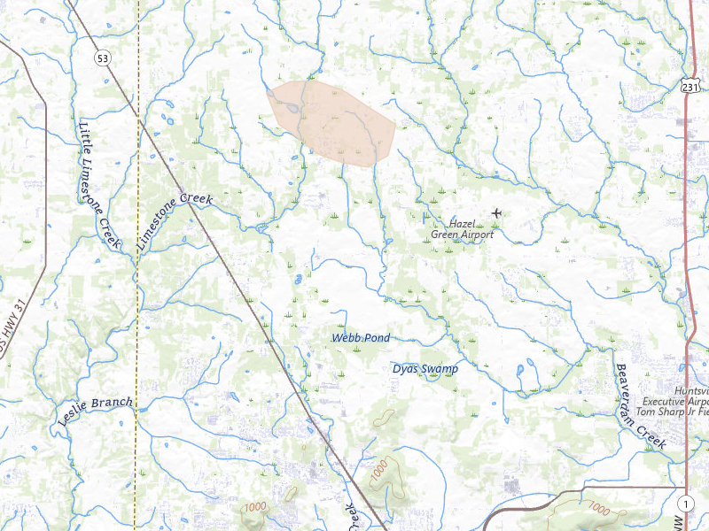 Radar-estimated hail-size map of the storm over Toney, AL on Jun 1, 2026