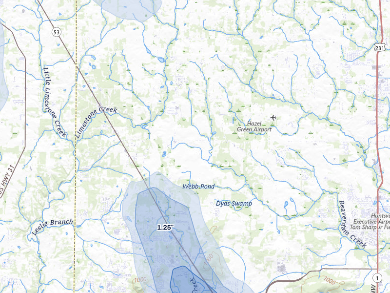 NEXRAD radar-signature map of the hail storm over Toney, AL on Jun 1, 2026