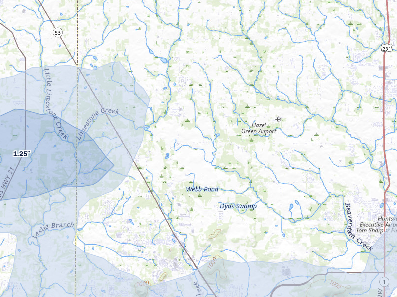 NEXRAD radar-signature map of the hail storm over Toney, AL on Jul 1, 2026