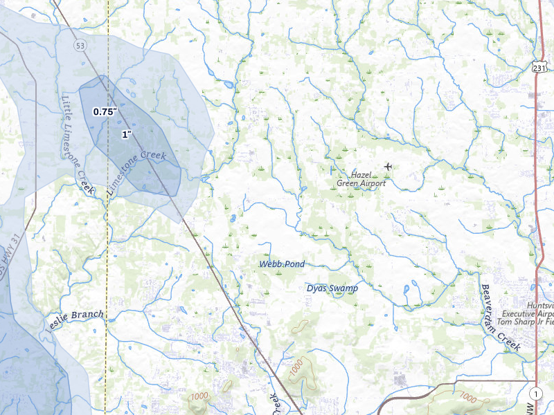 NEXRAD radar-signature map of the hail storm over Toney, AL on Jul 3, 2026