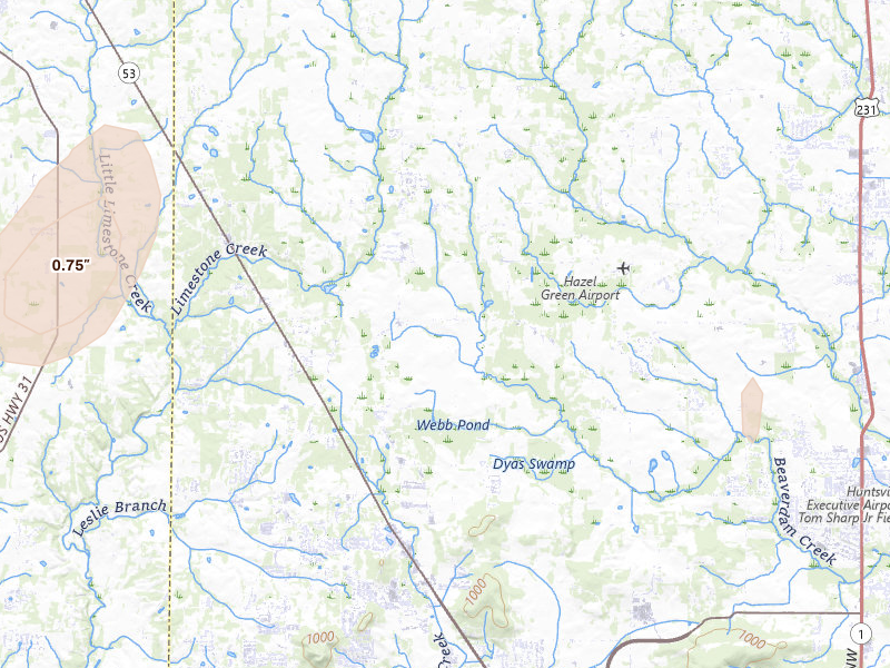 Radar-estimated hail-size map of the storm over Toney, AL on Jul 5, 2026