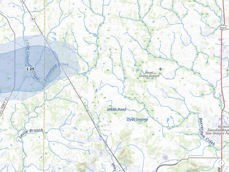 NEXRAD radar-signature map of the hail storm over Toney, AL on Jul 5, 2026