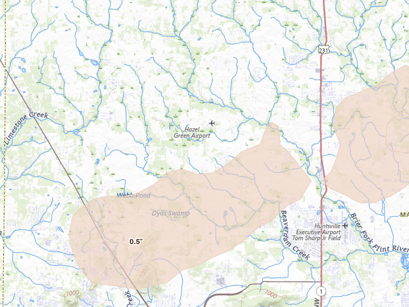 Radar-estimated hail-size map of the storm over Toney, AL