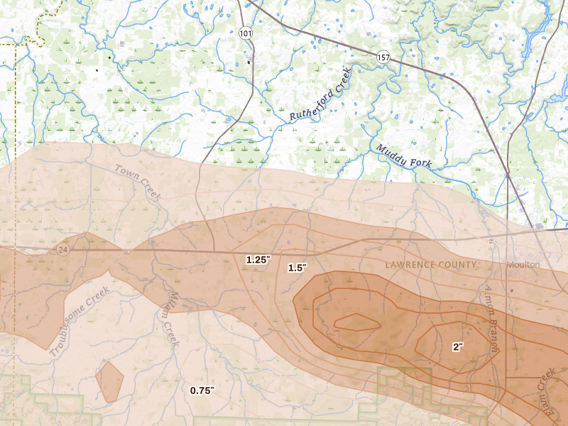 Radar-estimated hail-size map of the storm over Town Creek, AL on Feb 26, 2026