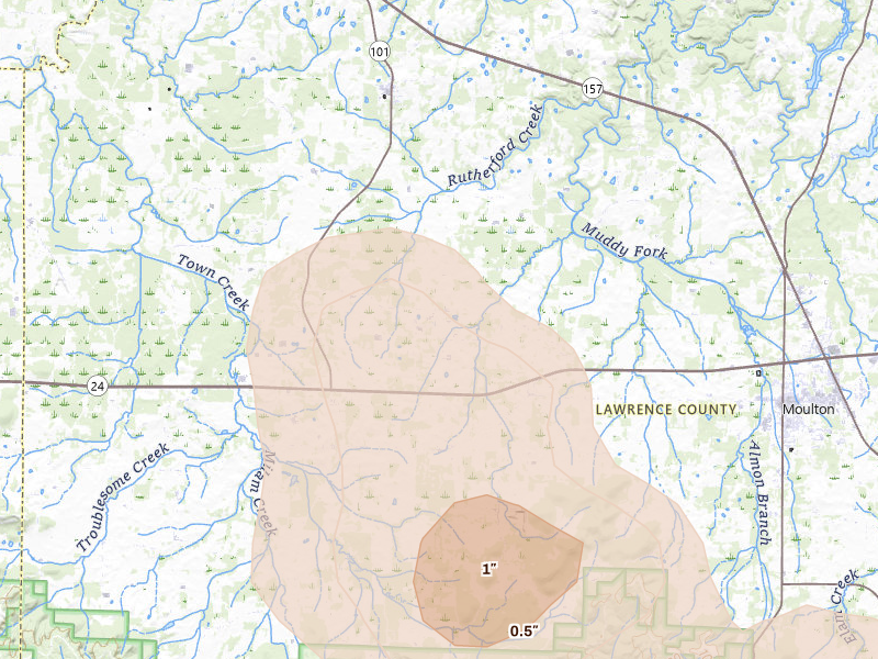 Radar-estimated hail-size map of the storm over Town Creek, AL on Jul 1, 2026