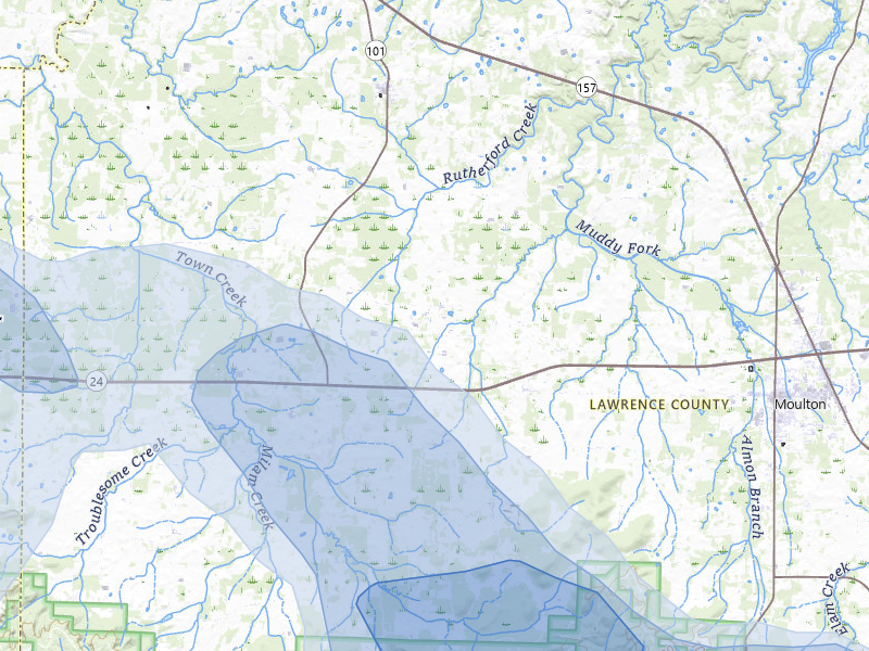 NEXRAD radar-signature map of the hail storm over Town Creek, AL on Jul 1, 2026