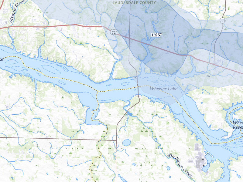 NEXRAD radar-signature map of the hail storm over Town Creek, AL on Jul 9, 2026