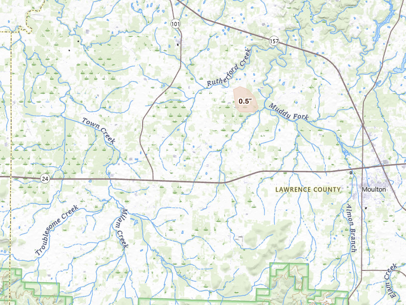 Radar-estimated hail-size map of the storm over Town Creek, AL on Aug 5, 2026