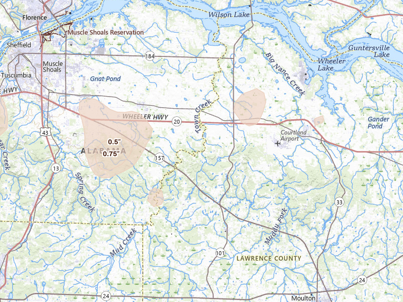 Radar-estimated hail-size map of the storm over Town Creek, AL on Aug 9, 2026